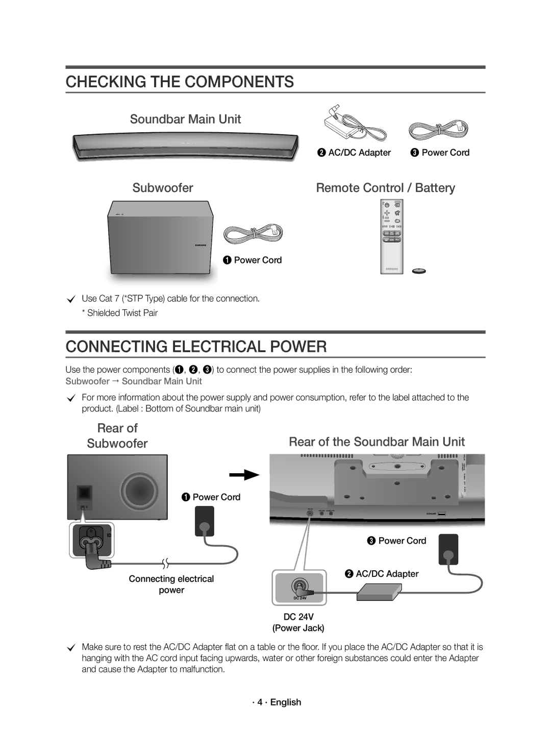 Samsung HW-J8501R/EN, HW-J8500R/EN Checking the Components, Connecting Electrical Power, Soundbar Main Unit, Power Cord 