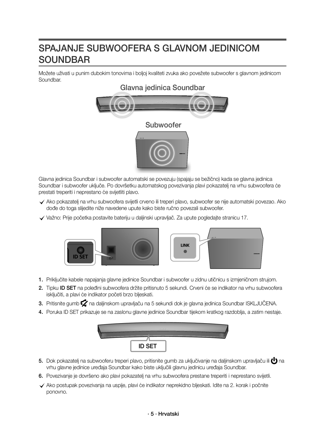 Samsung HW-J8500R/EN, HW-J8501R/EN Spajanje Subwoofera S Glavnom Jedinicom Soundbar, Glavna jedinica Soundbar Subwoofer 