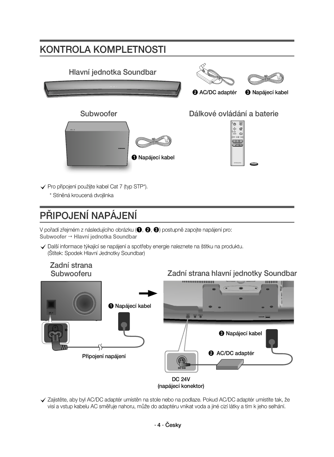 Samsung HW-J8501R/EN manual Kontrola Kompletnosti, Připojení Napájení, Hlavní jednotka Soundbar, Zadní strana Subwooferu 