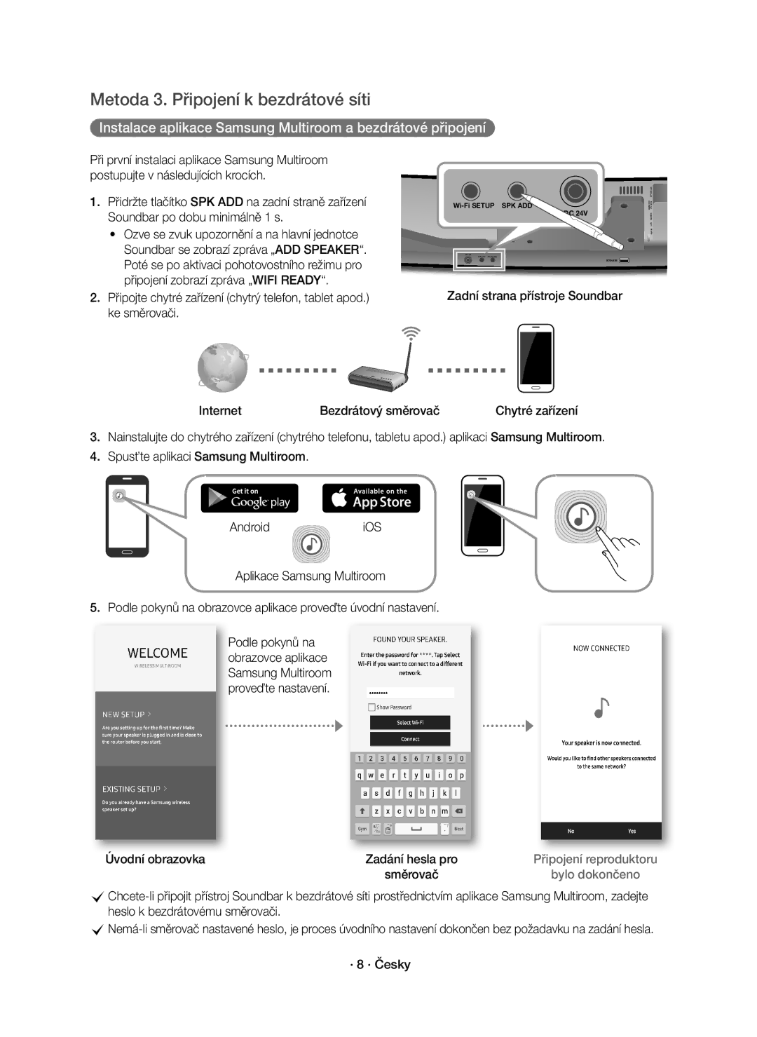 Samsung HW-J8500R/XN Metoda 3. Připojení k bezdrátové síti, Instalace aplikace Samsung Multiroom a bezdrátové připojení 