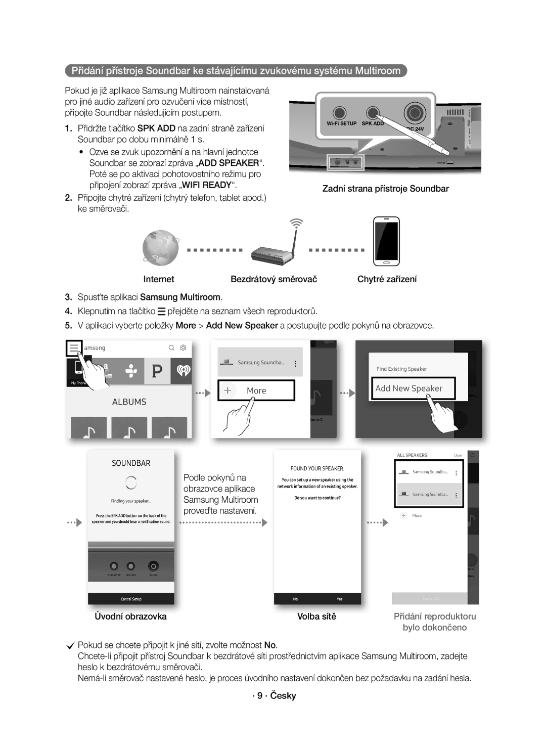 Samsung HW-J8500R/EN, HW-J8501R/EN, HW-J8500R/XN manual Úvodní obrazovka Volba sítě, · 9 · Česky 