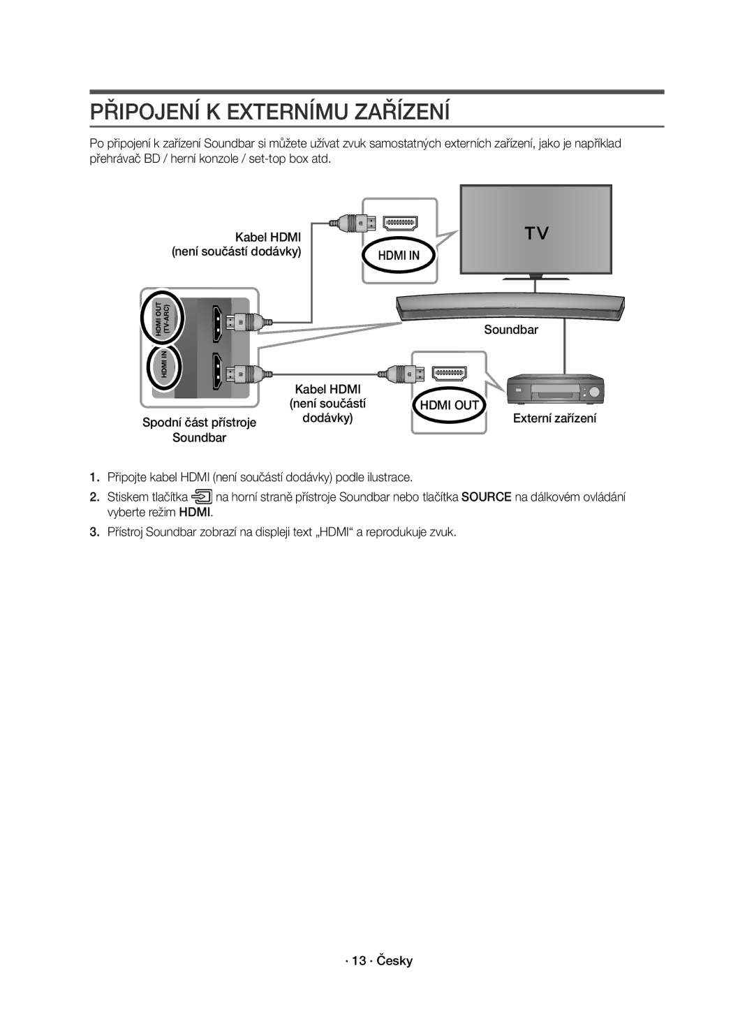 Samsung HW-J8501R/EN, HW-J8500R/EN, HW-J8500R/XN manual Připojení K Externímu Zařízení, Soundbar Kabel Hdmi 