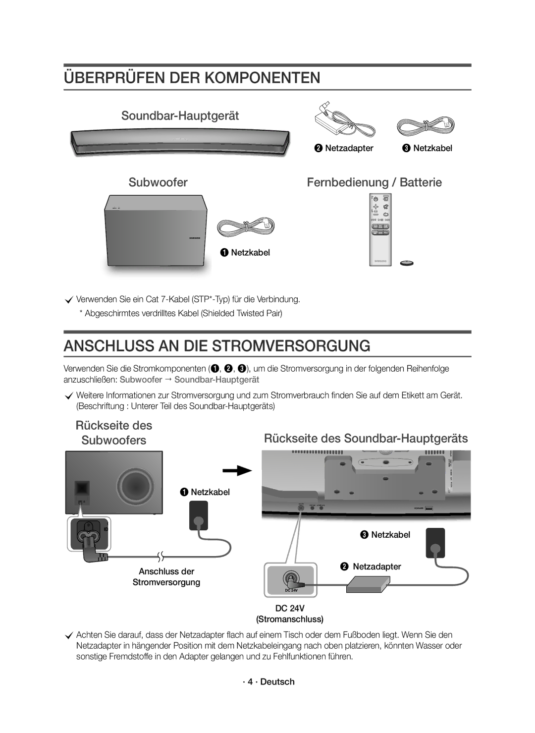 Samsung HW-J8500R/EN, HW-J8501R/EN manual Überprüfen DER Komponenten, Anschluss AN DIE Stromversorgung, Soundbar-Hauptgerät 