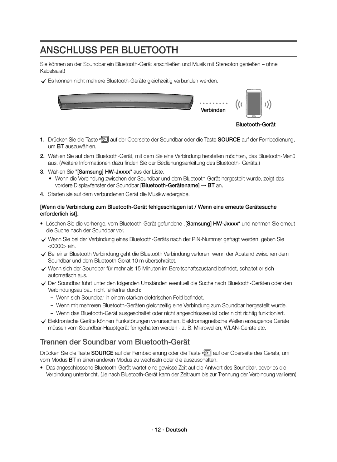 Samsung HW-J8500R/XN, HW-J8500R/EN manual Anschluss PER Bluetooth, Trennen der Soundbar vom Bluetooth-Gerät, · 12 · Deutsch 