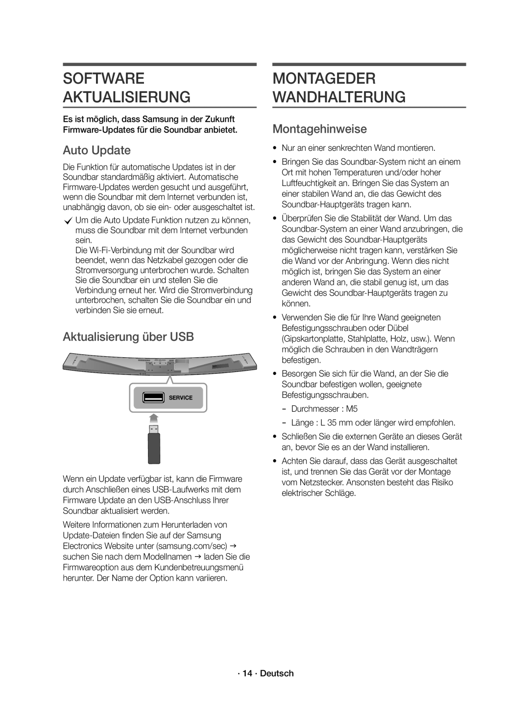 Samsung HW-J8501R/EN manual Software Aktualisierung, Montageder Wandhalterung, Aktualisierung über USB, Montagehinweise 