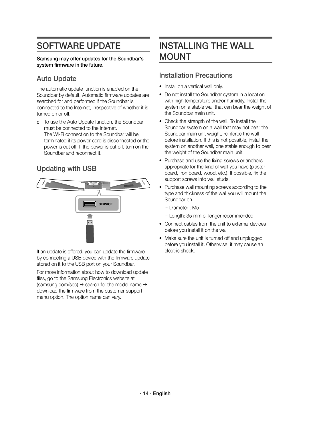 Samsung HW-J8500R/XN Software Update, Installing the Wall Mount, Auto Update, Updating with USB, Installation Precautions 