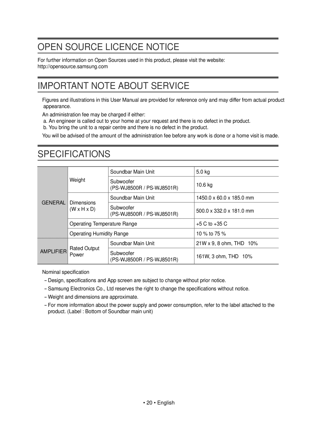 Samsung HW-J8500R/XN, HW-J8500R/EN Open Source Licence Notice, Important Note about Service, Specifications, Amplifier 