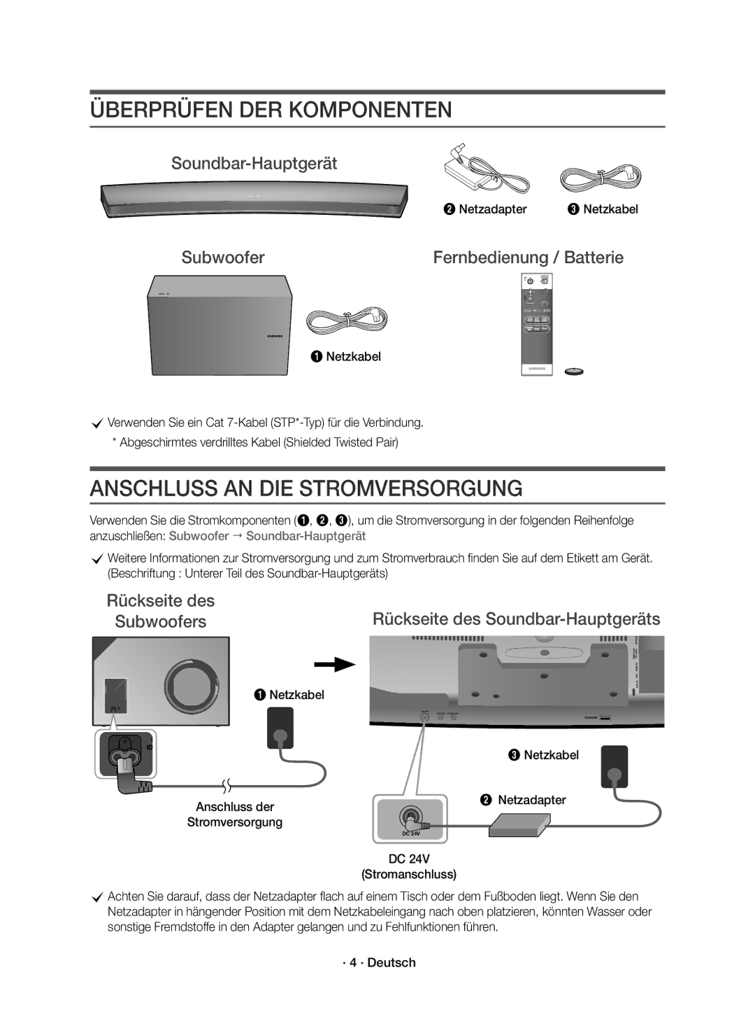 Samsung HW-J8500R/EN, HW-J8501R/EN manual Überprüfen DER Komponenten, Anschluss AN DIE Stromversorgung, Soundbar-Hauptgerät 