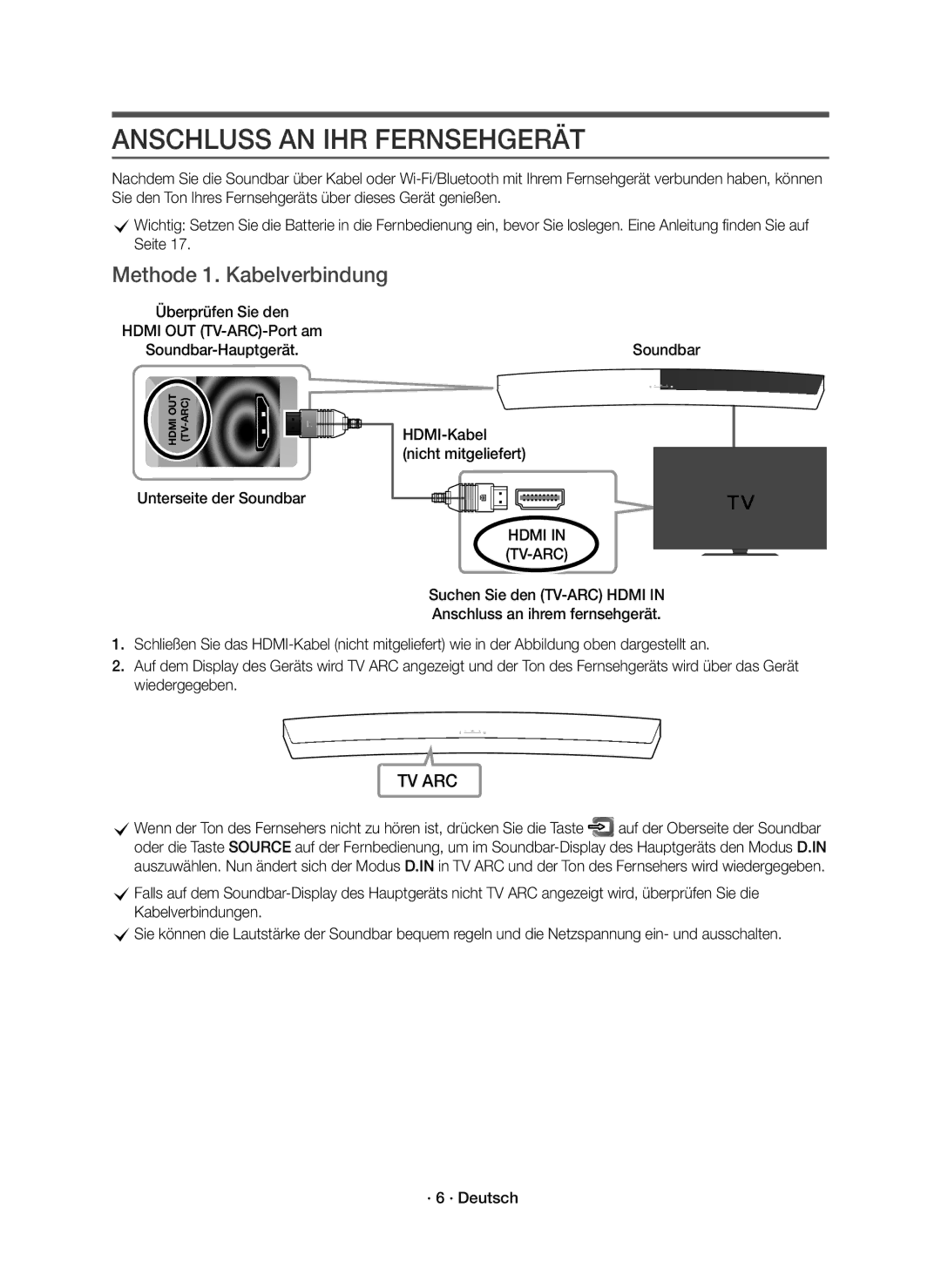 Samsung HW-J8500R/XN, HW-J8500R/EN, HW-J8501R/EN manual Anschluss AN IHR Fernsehgerät, Methode 1. Kabelverbindung 