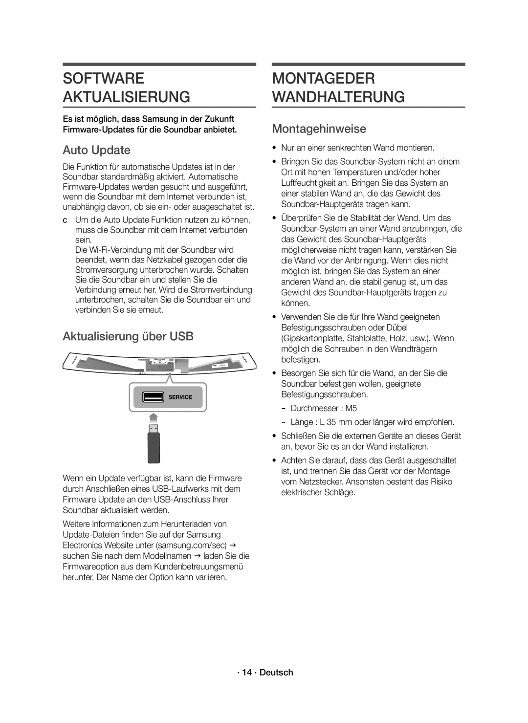 Samsung HW-J8501R/EN manual Software Aktualisierung, Montageder Wandhalterung, Aktualisierung über USB, Montagehinweise 