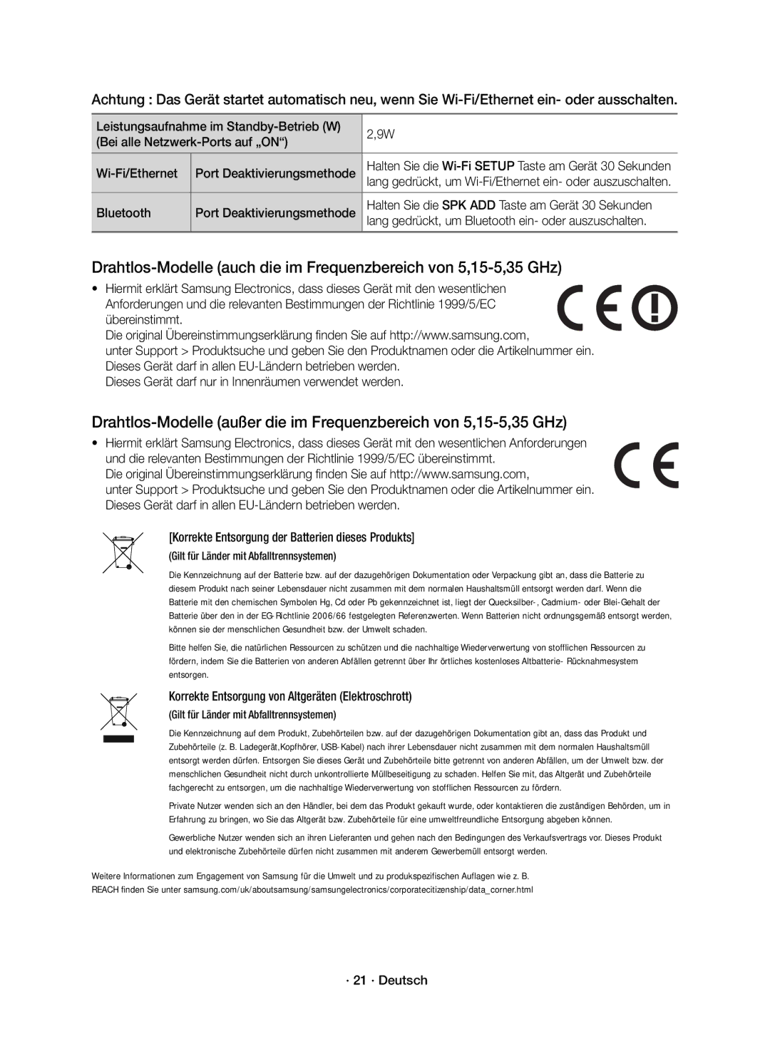 Samsung HW-J8500R/XN, HW-J8500R/EN, HW-J8501R/EN manual Korrekte Entsorgung von Altgeräten Elektroschrott, · 21 · Deutsch 