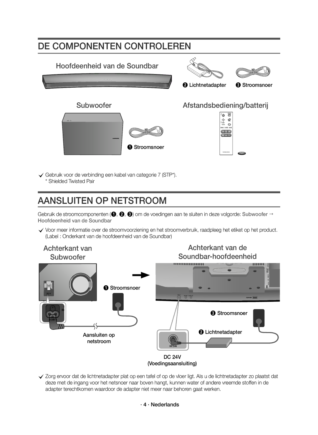 Samsung HW-J8500R/XN, HW-J8500R/EN manual DE Componenten Controleren, Aansluiten OP Netstroom, Hoofdeenheid van de Soundbar 