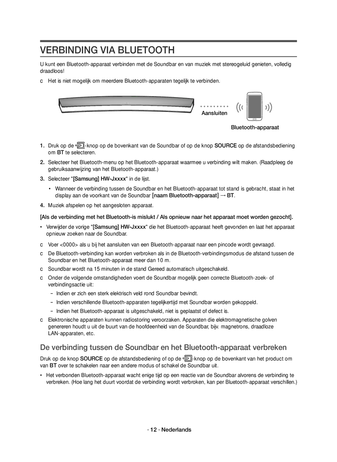 Samsung HW-J8501R/EN, HW-J8500R/EN, HW-J8500R/XN manual Verbinding VIA Bluetooth, · 12 · Nederlands 