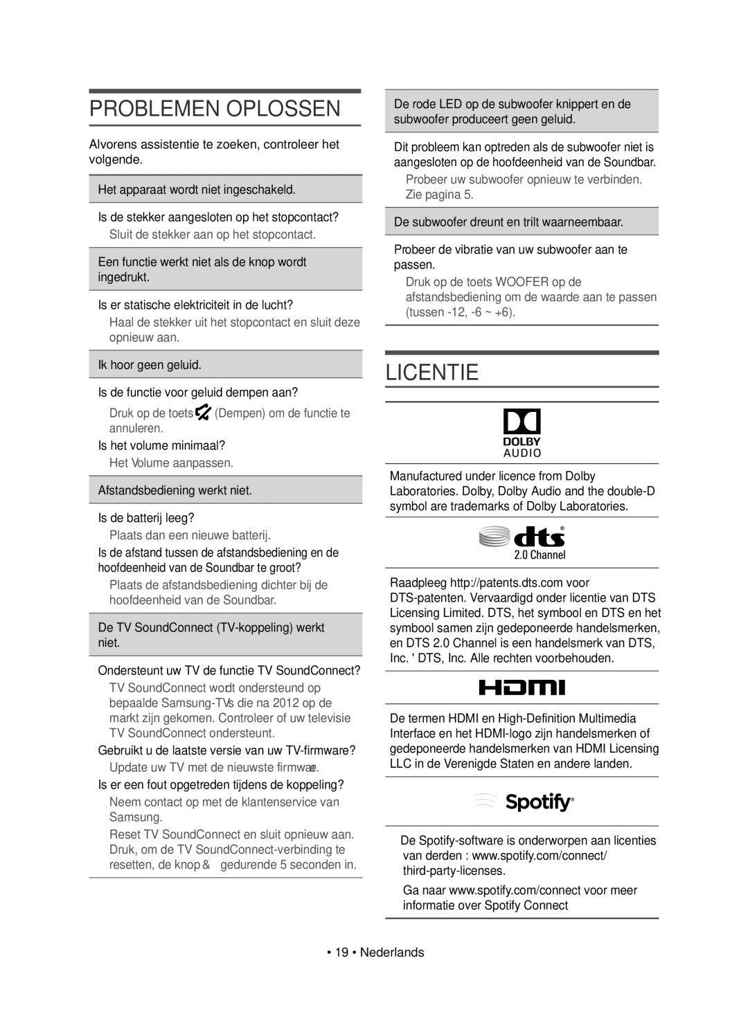 Samsung HW-J8500R/XN, HW-J8500R/EN, HW-J8501R/EN manual Problemen Oplossen, Licentie 