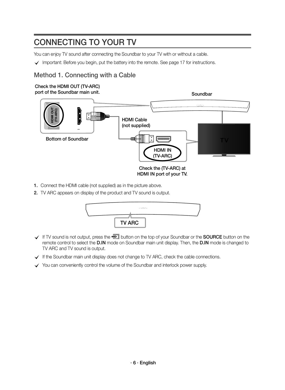 Samsung HW-J8500R/EN, HW-J8501R/EN manual Connecting to Your TV, Method 1. Connecting with a Cable, Soundbar, Hdmi TV-ARC 