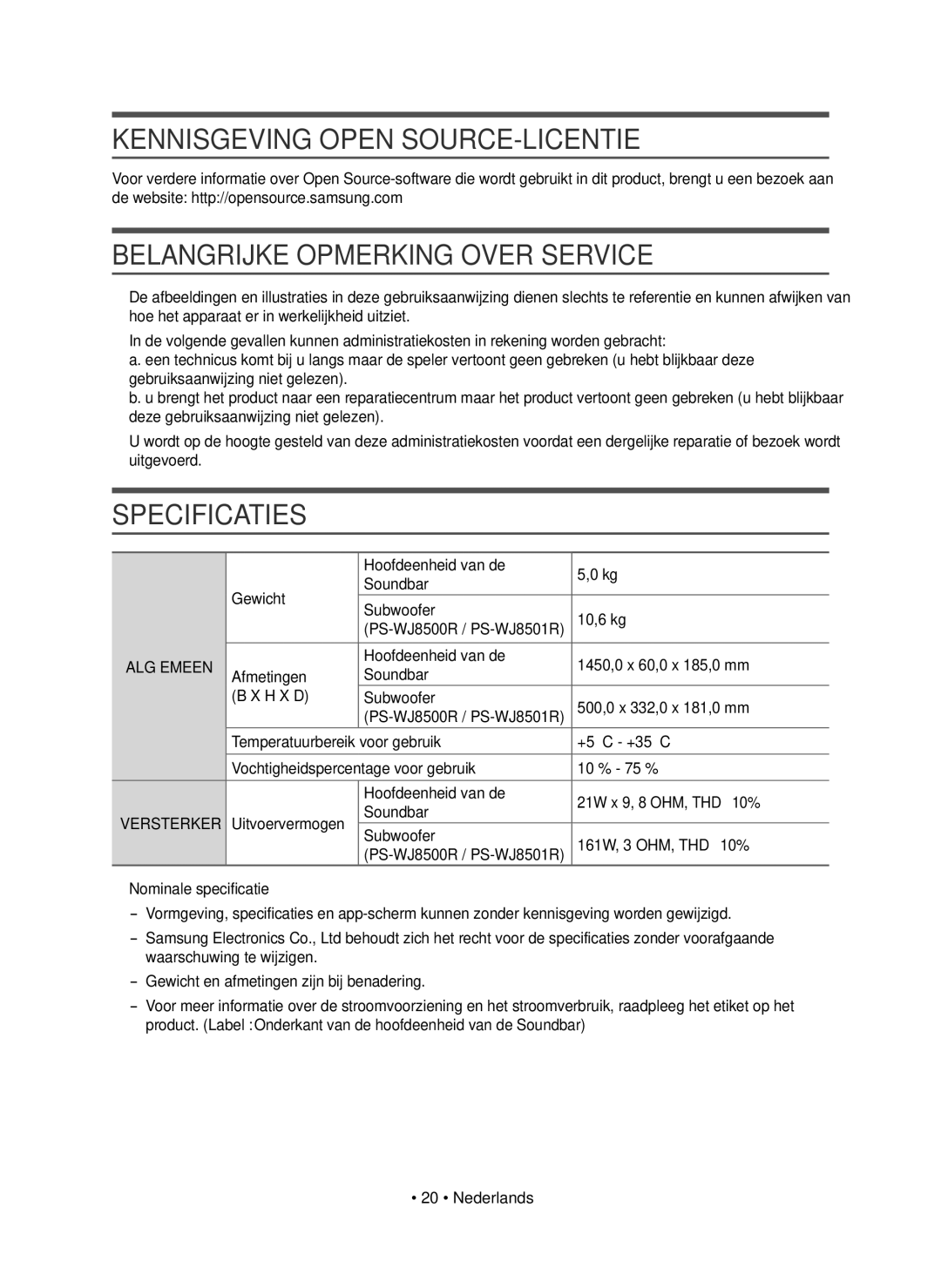 Samsung HW-J8500R/EN manual Kennisgeving Open SOURCE-LICENTIE, Belangrijke Opmerking Over Service, Specificaties, ALG Emeen 