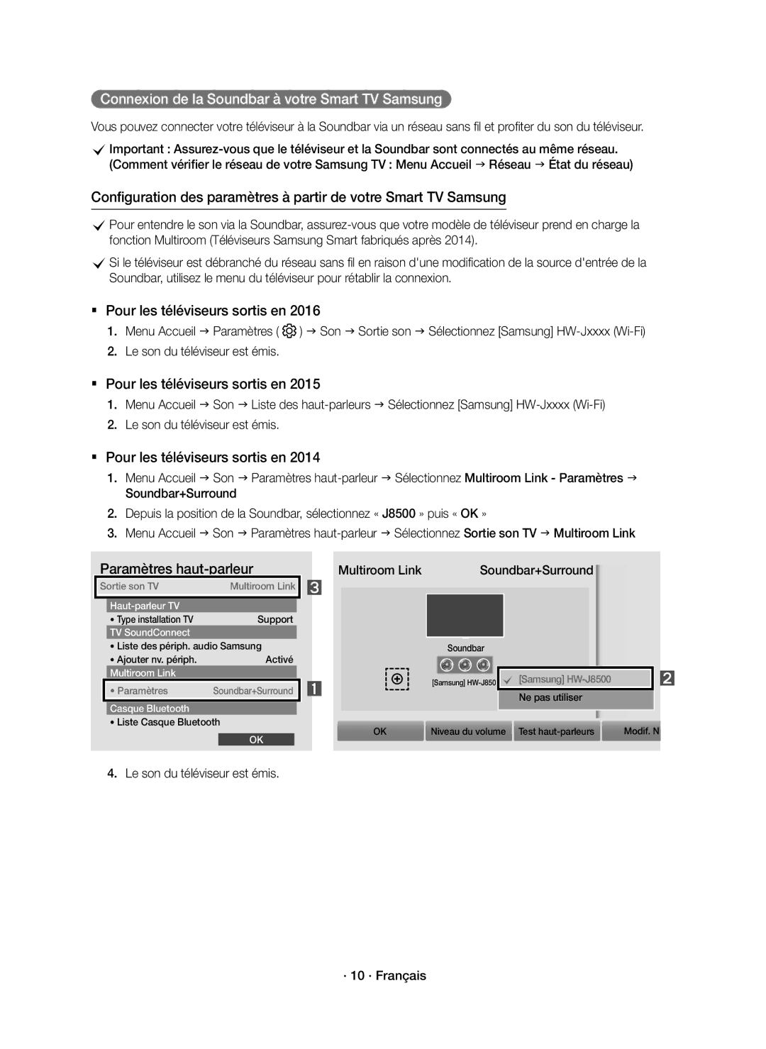 Samsung HW-J8501R/EN, HW-J8500R/EN, HW-J8500R/XN manual Le son du téléviseur est émis · 10 · Français 