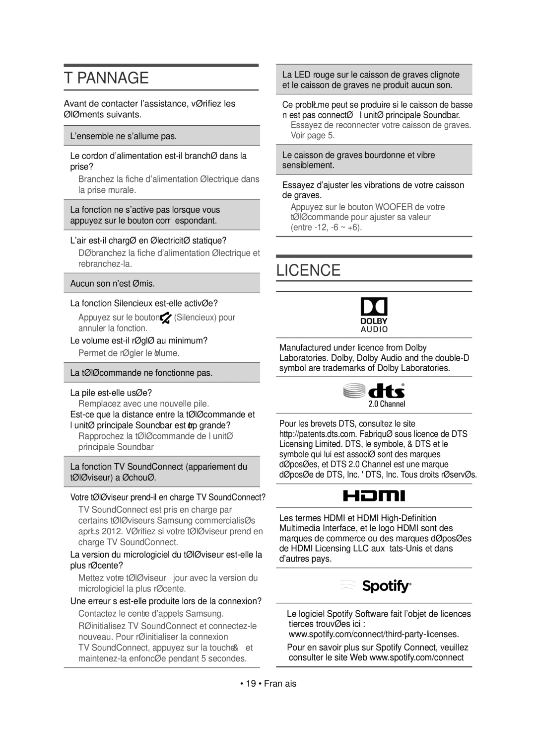 Samsung HW-J8501R/EN manual Tépannage, Lair est-il chargé en électricité statique?, Le volume est-il réglé au minimum? 