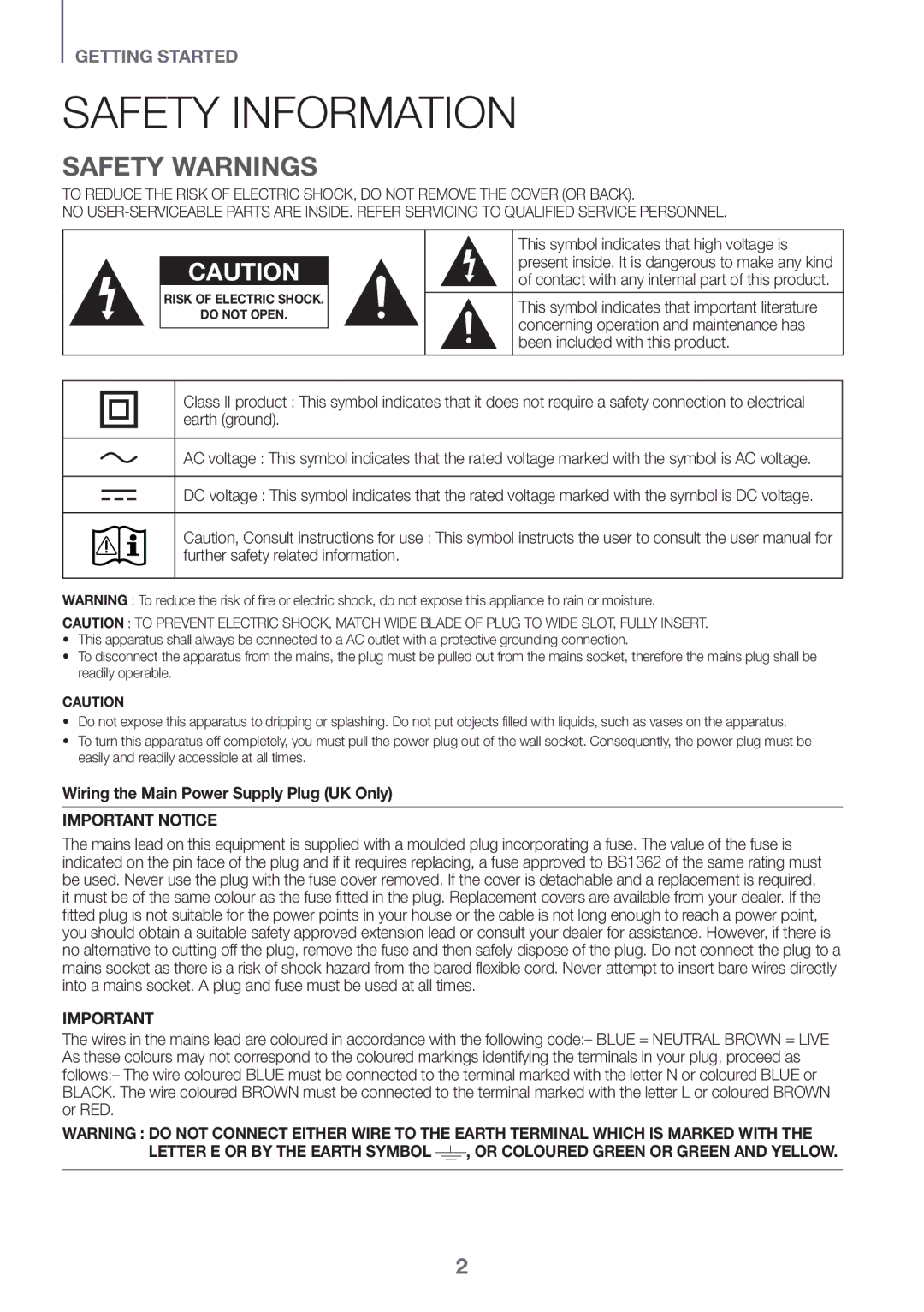 Samsung HW-J8501R/ZF, HW-J8500R/EN manual Safety Information, Safety Warnings, Wiring the Main Power Supply Plug UK Only 