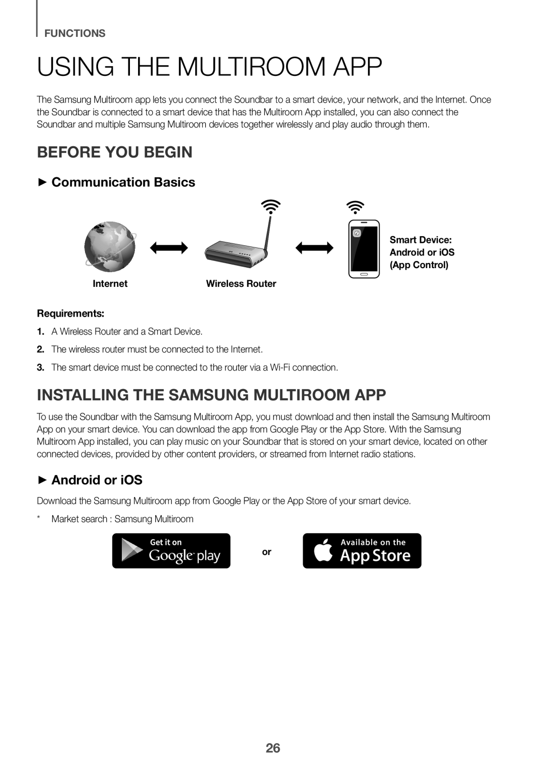 Samsung HW-J8510R/XE Using the Multiroom APP, Before YOU Begin, Installing the Samsung Multiroom APP, ++Android or iOS 