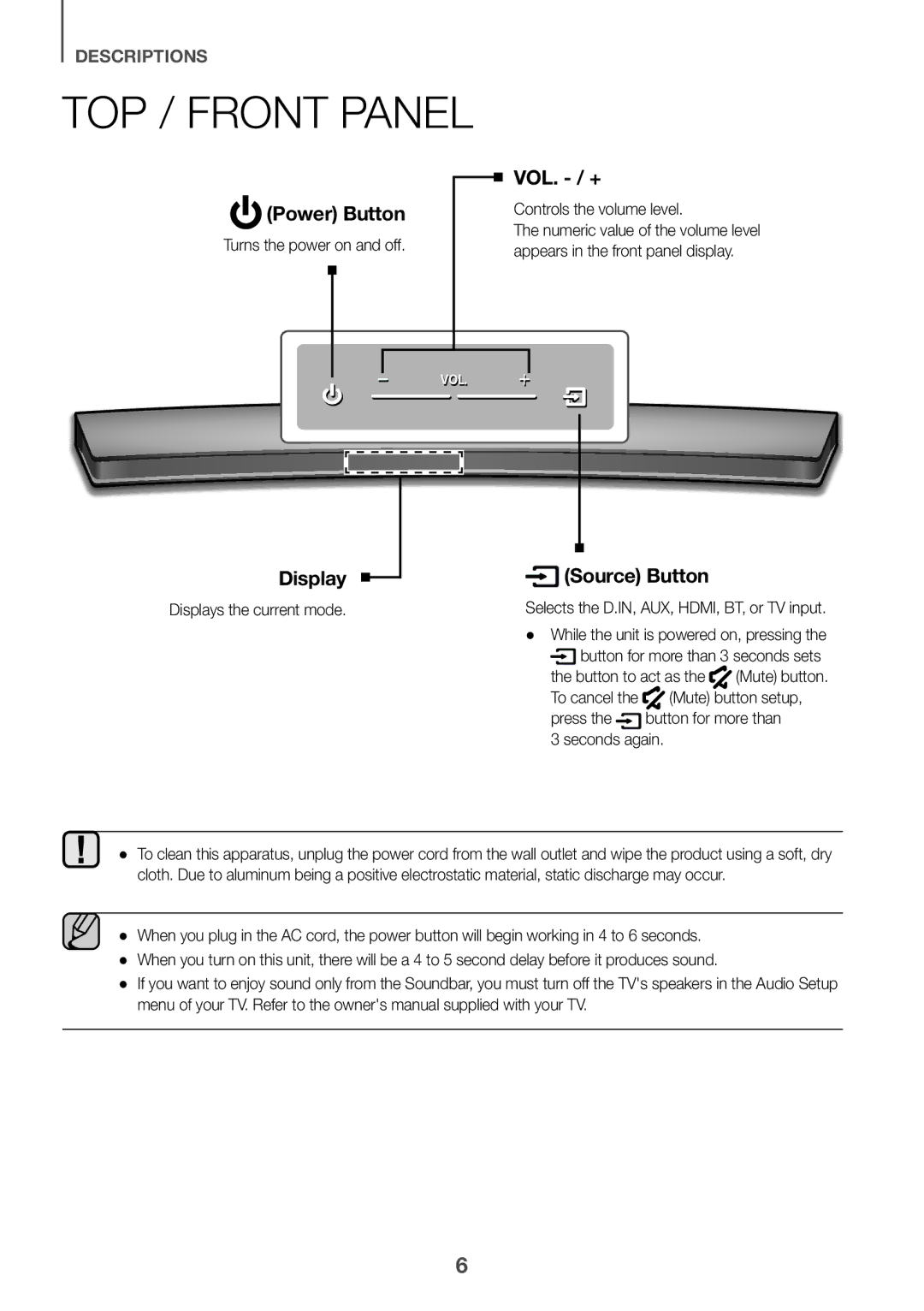 Samsung HW-J8510/XE TOP / Front Panel, Turns the power on and off, Controls the volume level, Displays the current mode 