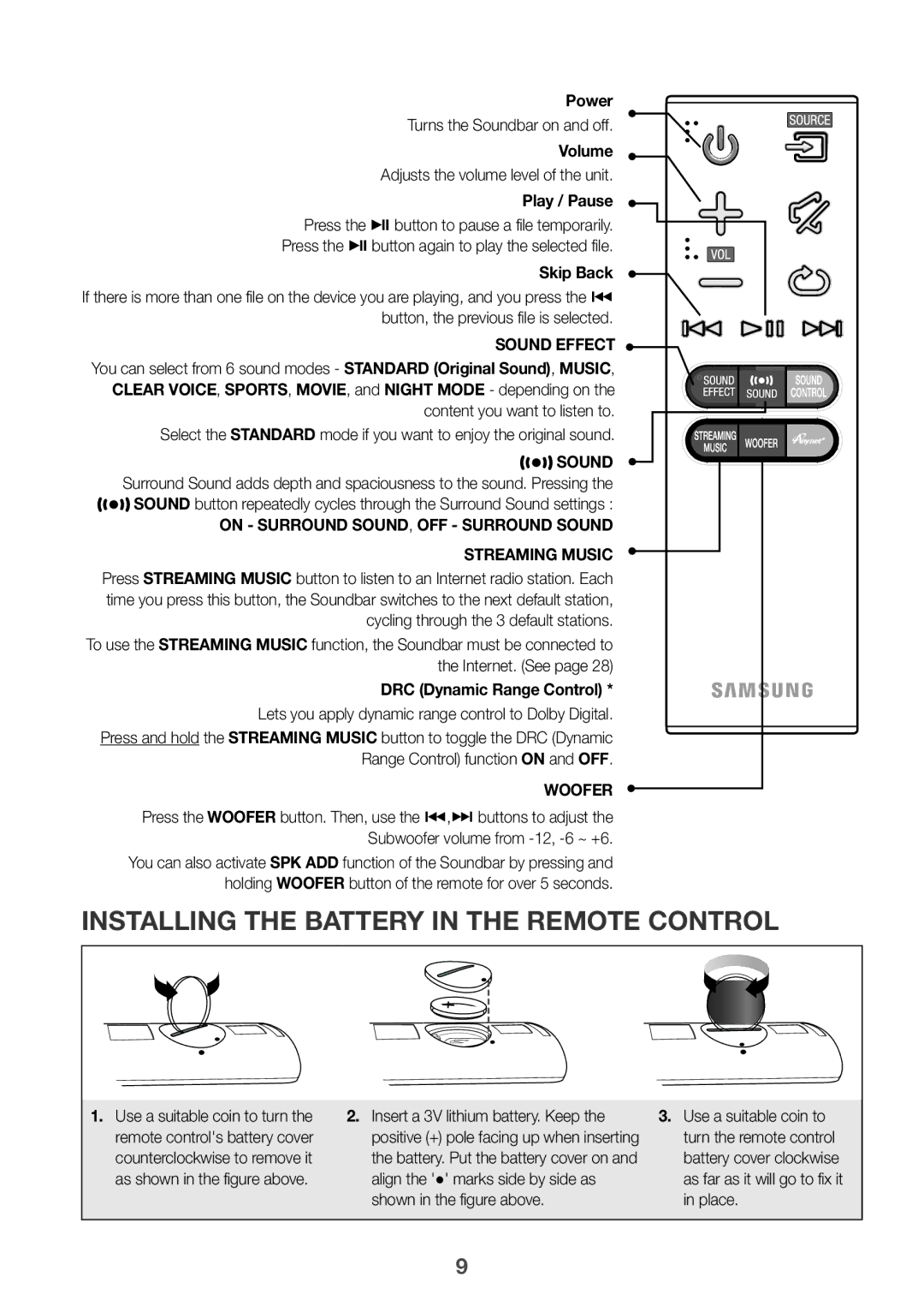 Samsung HW-J8501R/ZF, HW-J8500R/EN Installing the Battery in the Remote Control, Power, Volume, DRC Dynamic Range Control 