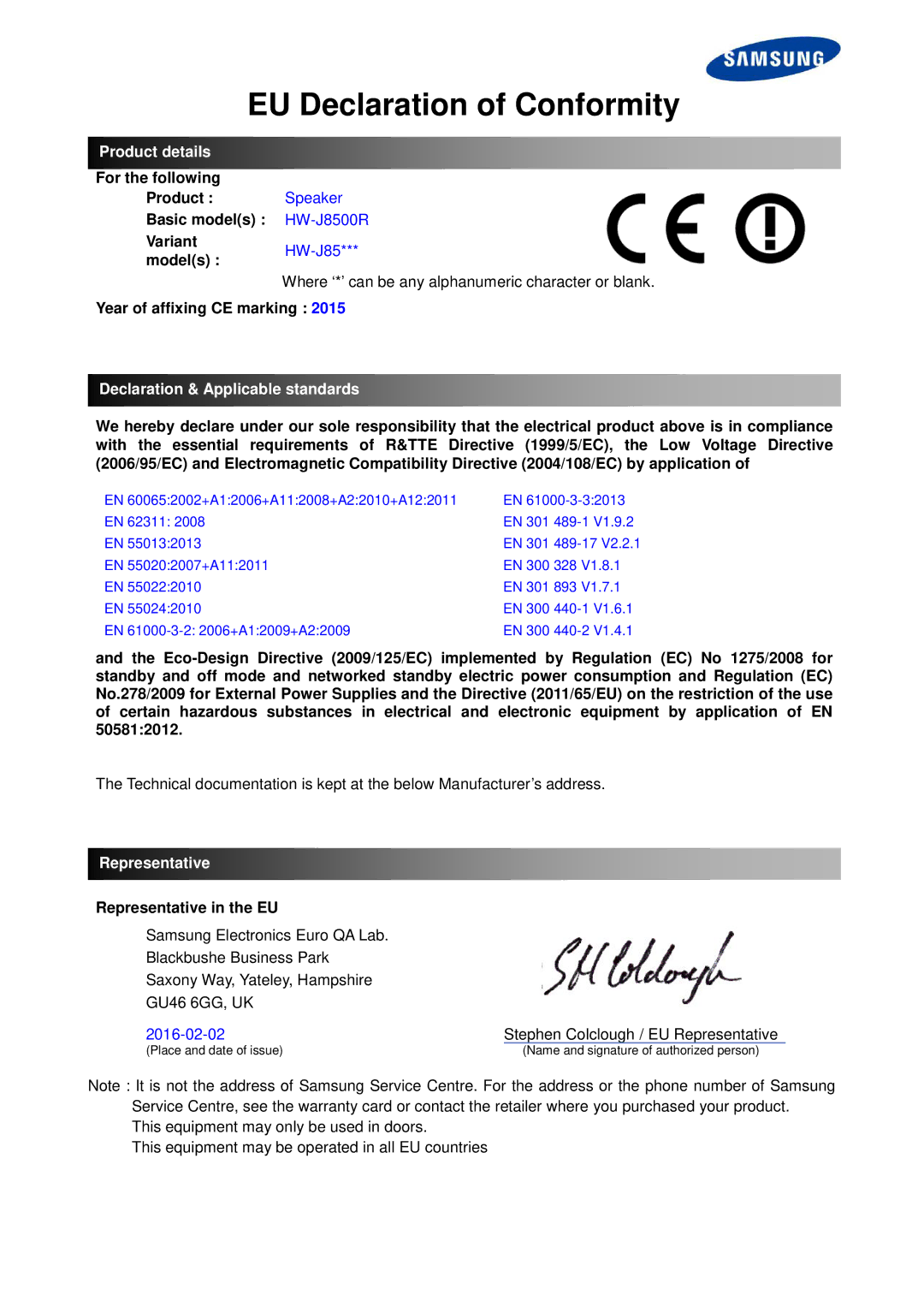 Samsung HW-J8501R/EN, HW-J8510/XE manual EU Declaration of Conformity, Product details, Declaration & Applicable standards 