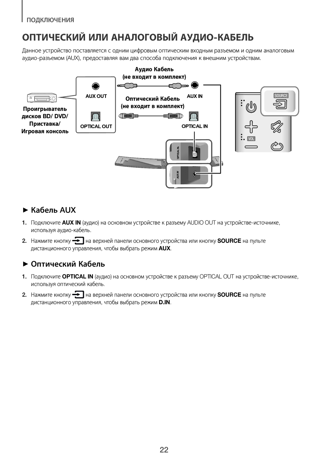 Samsung HW-J8500R/RU manual Оптический ИЛИ Аналоговый АУДИО-КАБЕЛЬ, Аудио Кабель Не входит в комплект 