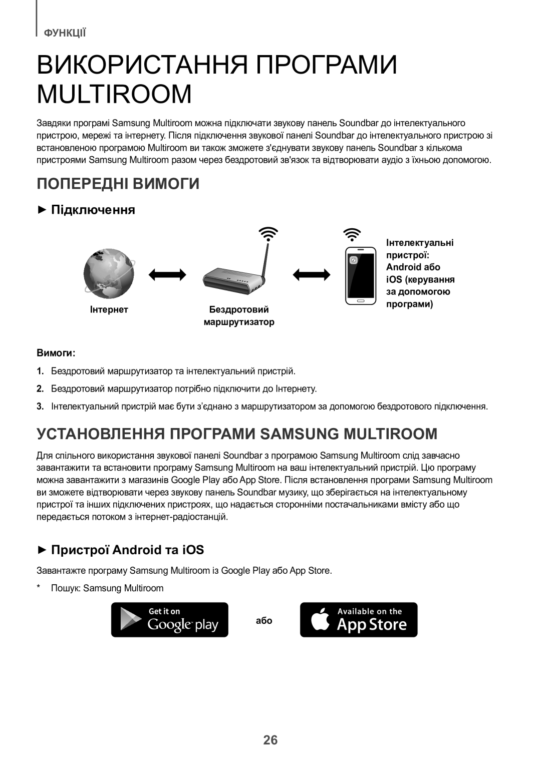 Samsung HW-J8500R/RU manual Використання Програми Multiroom, Попередні Вимоги, Установлення Програми Samsung Multiroom 