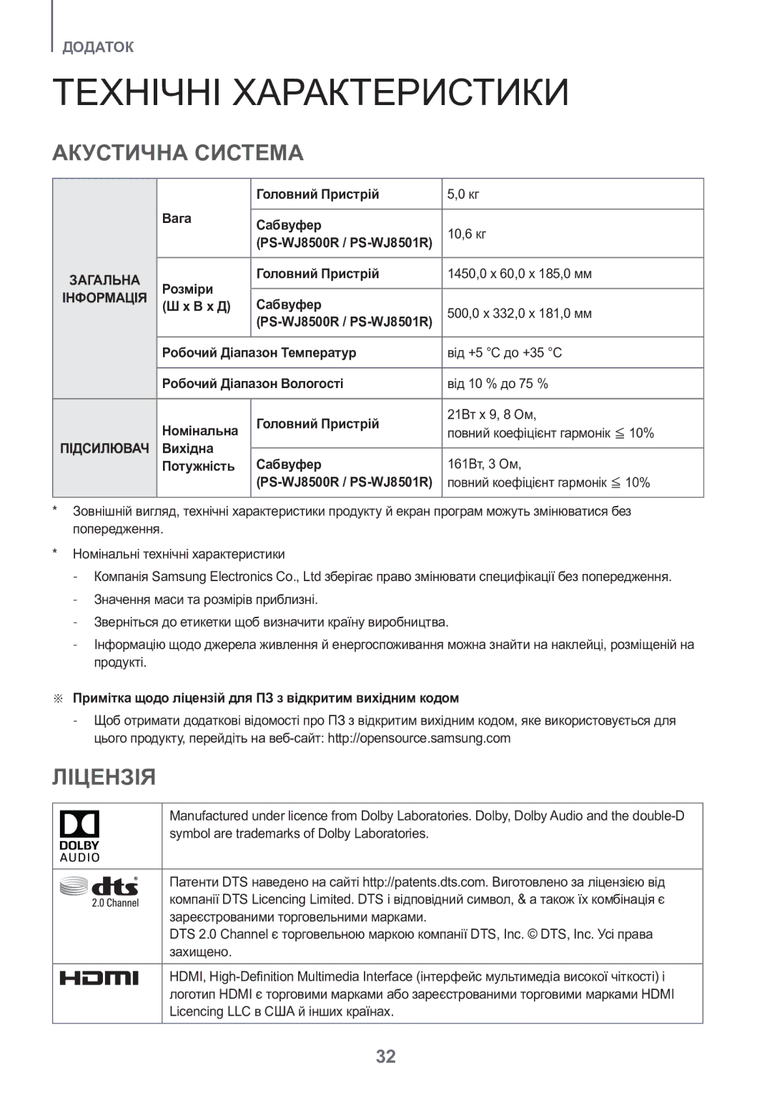 Samsung HW-J8500R/RU manual Технічні Характеристики, Акустична Система, Ліцензія, Інформація 