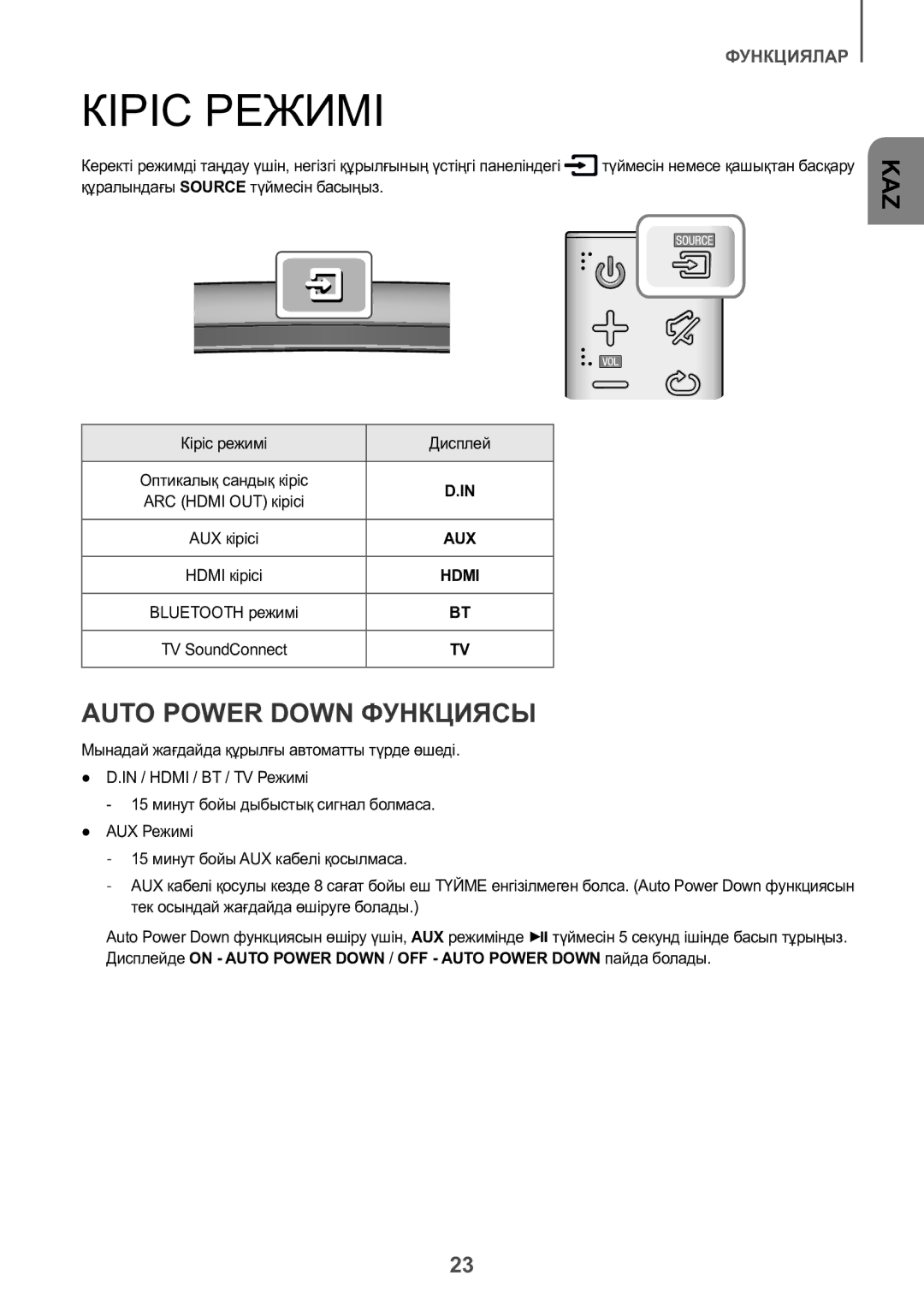 Samsung HW-J8500R/RU manual Кіріс Режимі, Auto Power Down Функциясы, Кіріс режимі Дисплей 