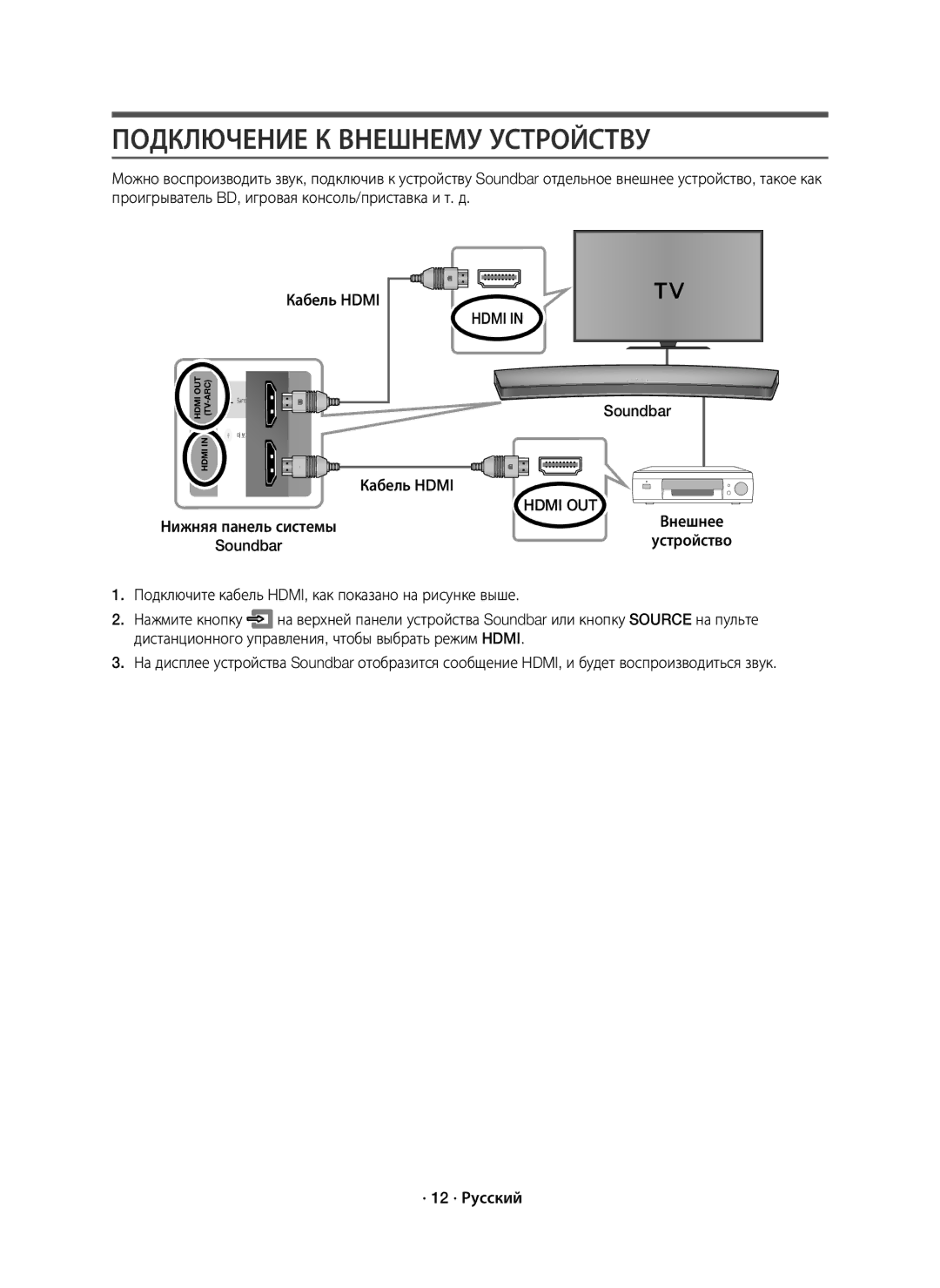 Samsung HW-J8500R/RU manual Подключение К Внешнему Устройству, Soundbar Кабель Hdmi, Hdmi OUT 