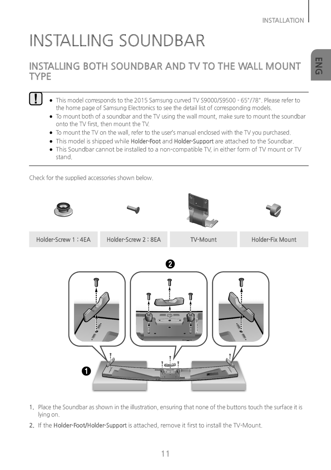 Samsung HW-J8510/XE manual Installing Soundbar, Installing Both Soundbar and TV to the Wall Mount Type, Holder-Fix Mount 