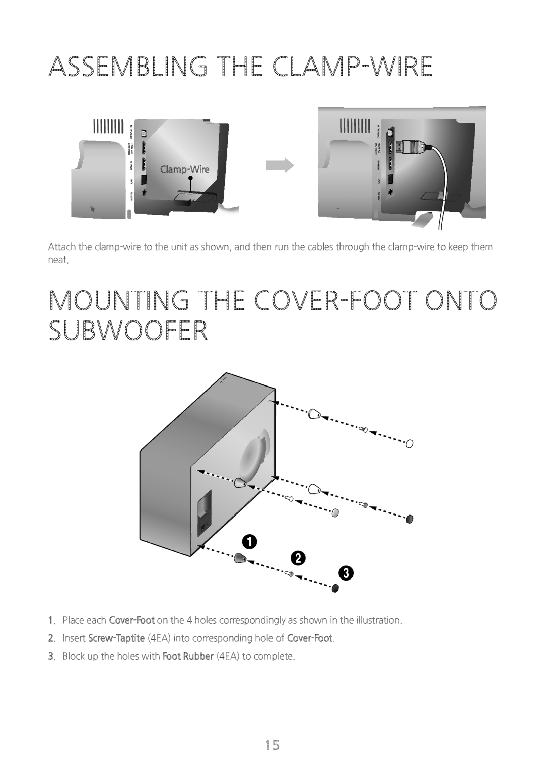 Samsung HW-J8500/XN, HW-J8501/EN, HW-J8500/EN, HW-J8501/ZF Assembling the CLAMP-WIRE, Mounting the COVER-FOOT Onto Subwoofer 