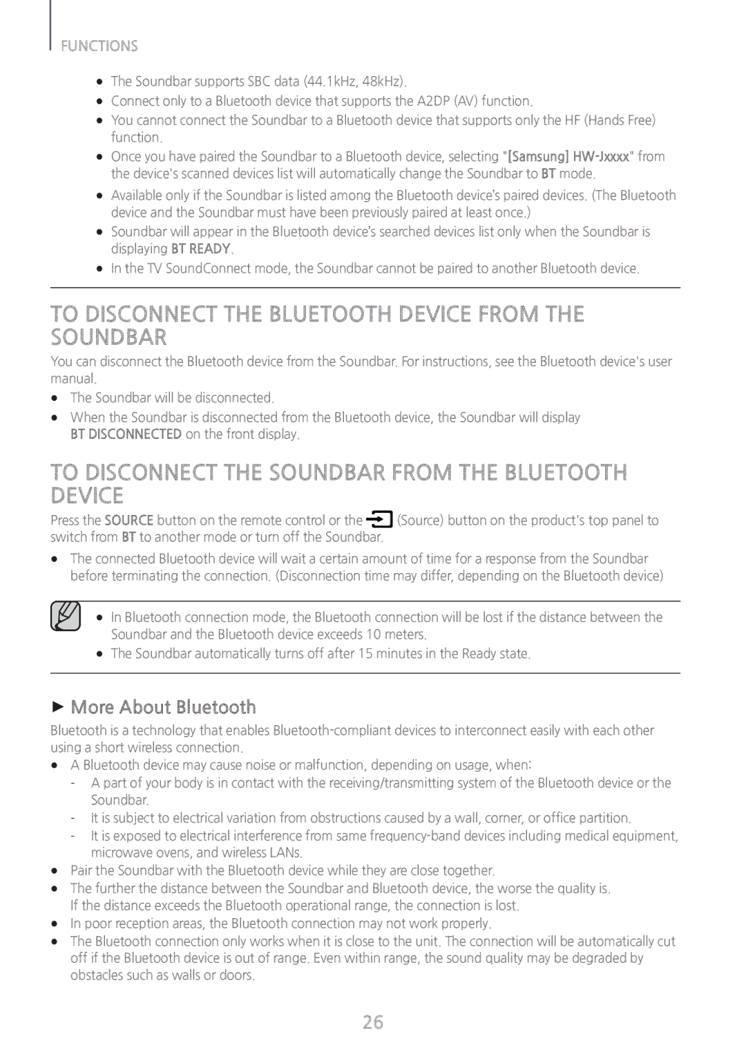 Samsung HW-J8501/ZF, HW-J8501/EN, HW-J8500/EN To Disconnect the Bluetooth Device from the Soundbar, ++More About Bluetooth 