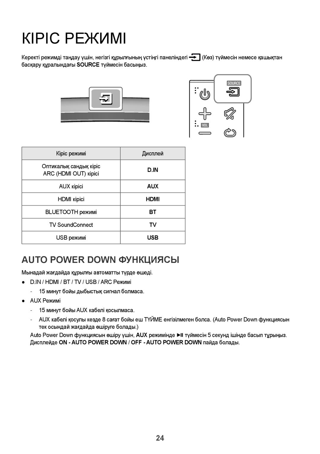 Samsung HW-J8501/RU manual Кіріс Режимі, Auto Power Down Функциясы 