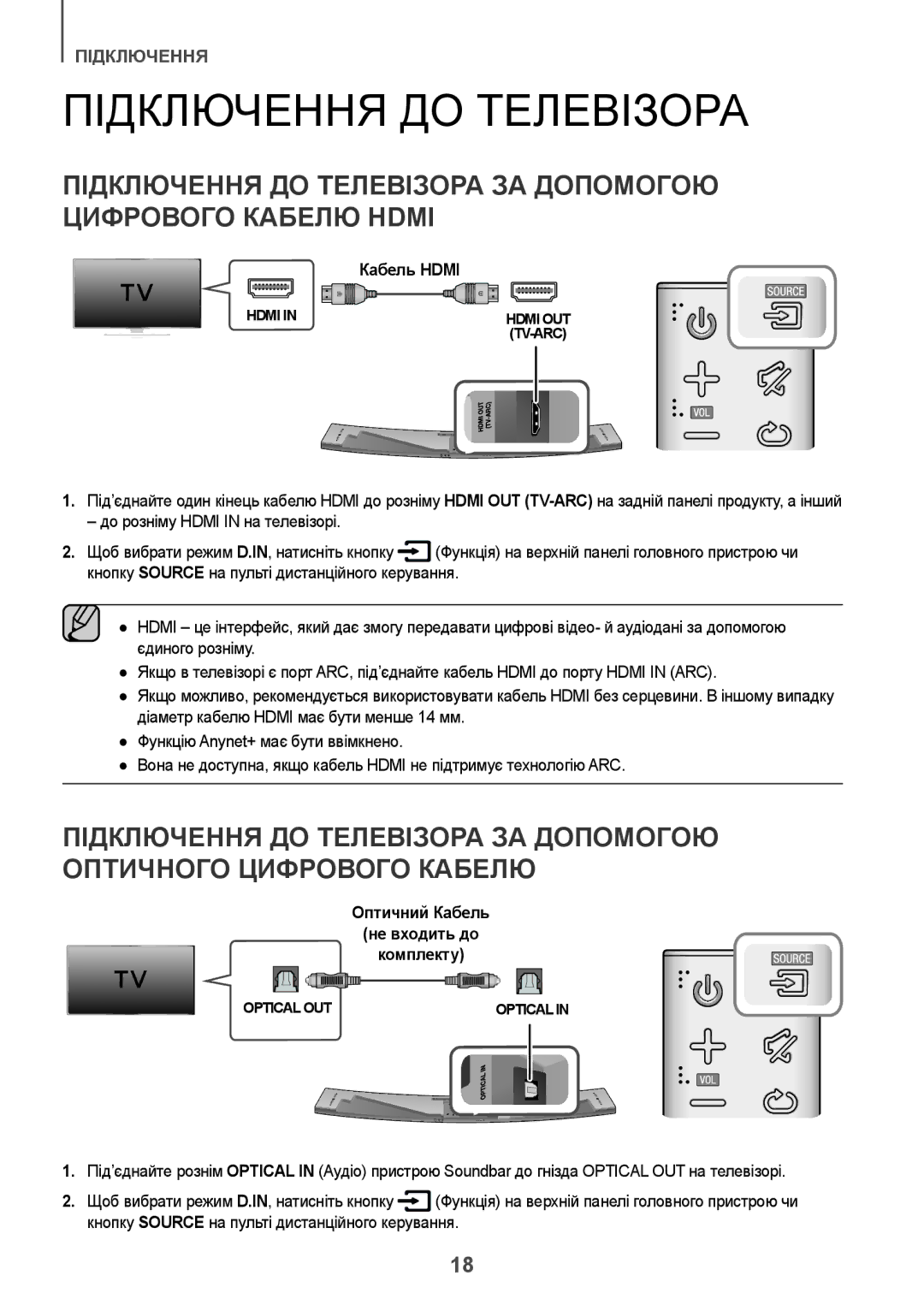 Samsung HW-J8501/RU manual Підключення ДО Телевізора, Оптичний Кабель Не входить до Комплекту 