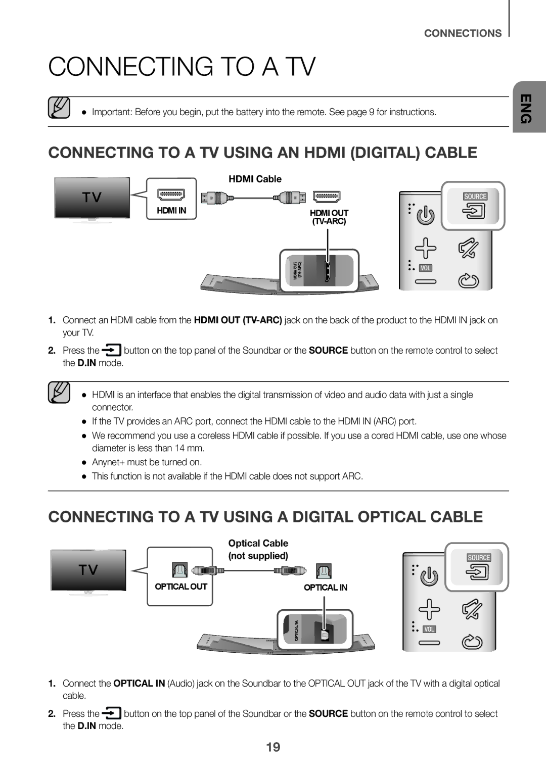 Samsung HW-J8501R/XV Connecting to a TV Using AN Hdmi Digital Cable, Connecting to a TV Using a Digital Optical Cable 