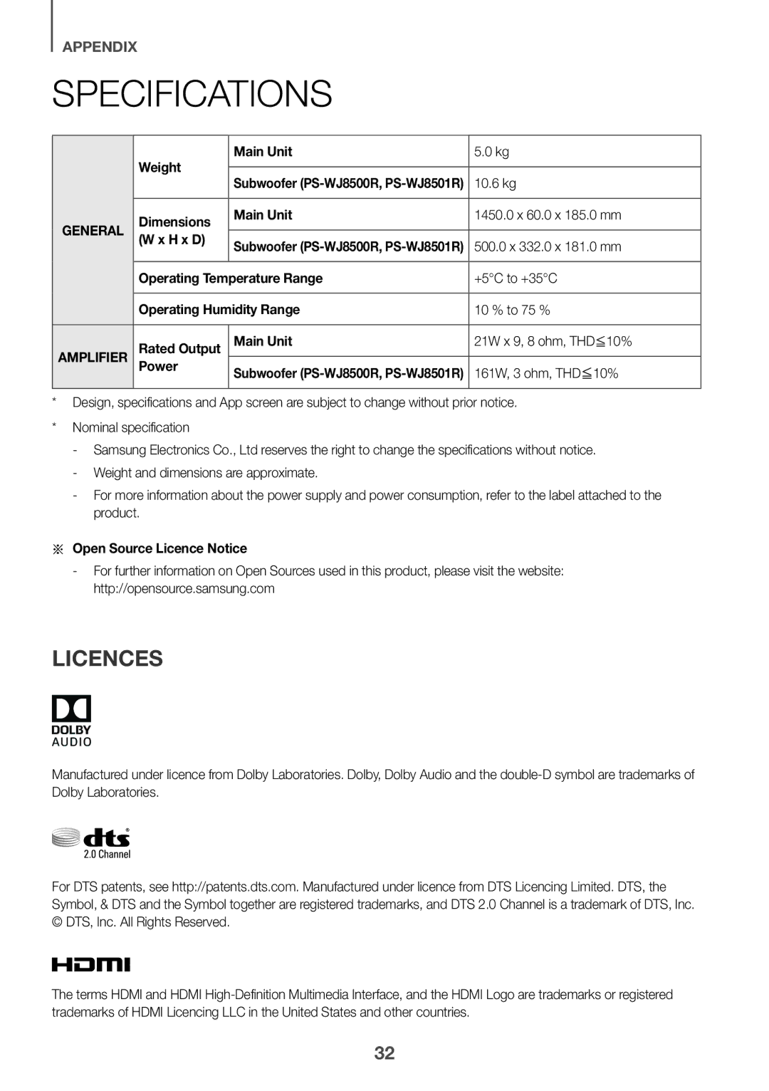 Samsung HW-J8501R/XV manual Specifications, Licences 