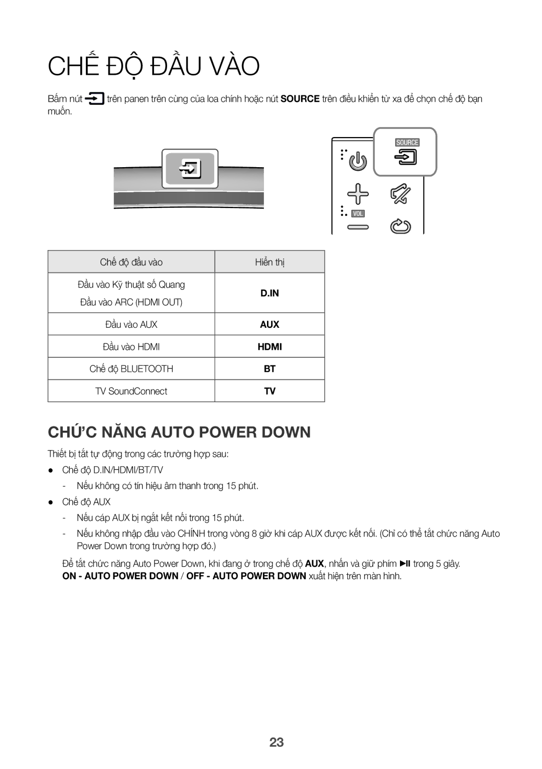 Samsung HW-J8501R/XV manual Chế Độ Đầu Vào, Chức Năng Auto Power Down 