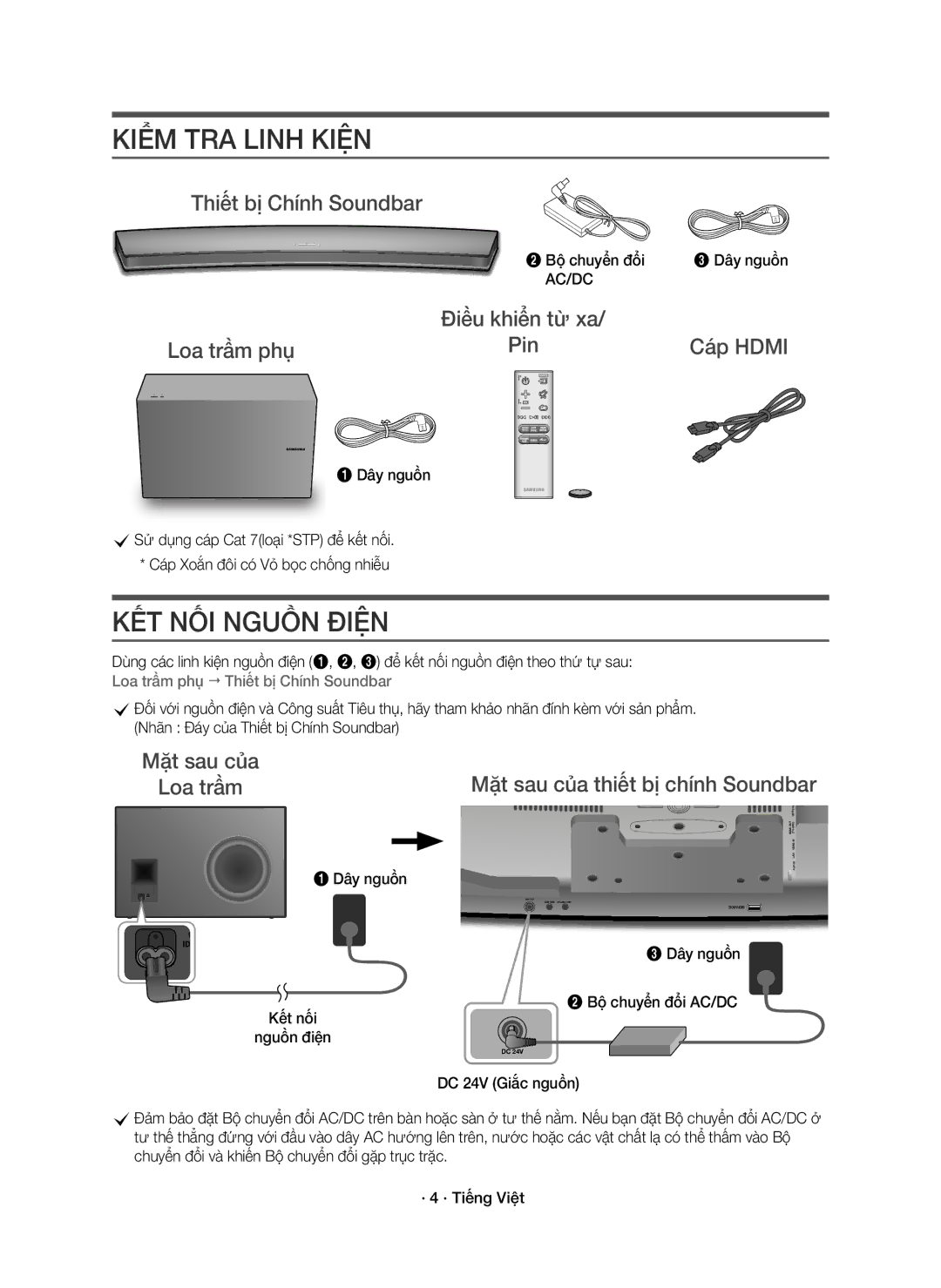 Samsung HW-J8501R/XV manual Kiểm TRA Linh Kiện, KẾT NỐI Nguồn Điện, Thiết bị Chính Soundbar, Ac/Dc 