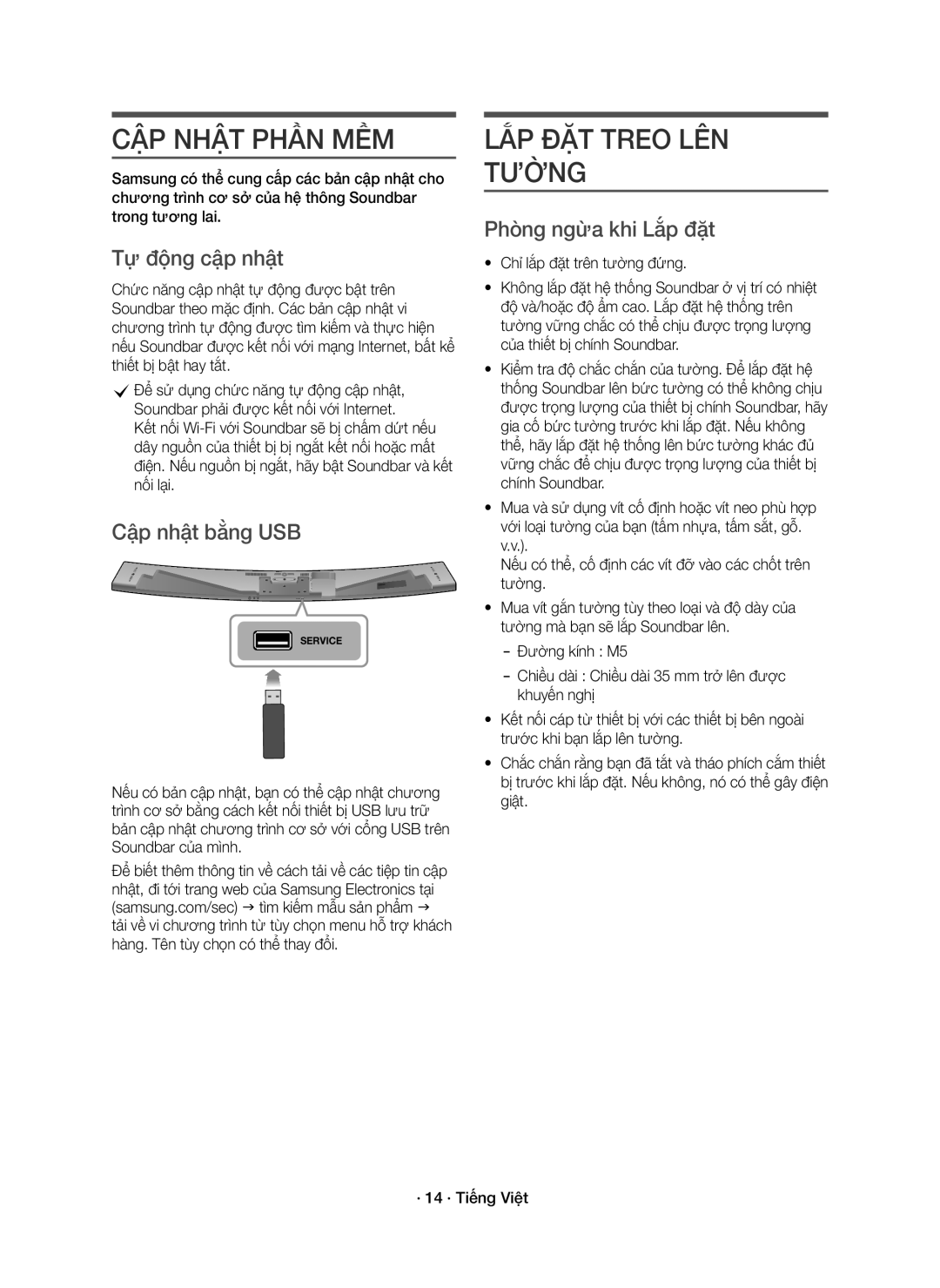 Samsung HW-J8501R/XV manual CẬP Nhật Phần MỀM, LẮP ĐẶT Treo LÊN Tường, Tự động cập nhật, Cập nhật bằng USB 