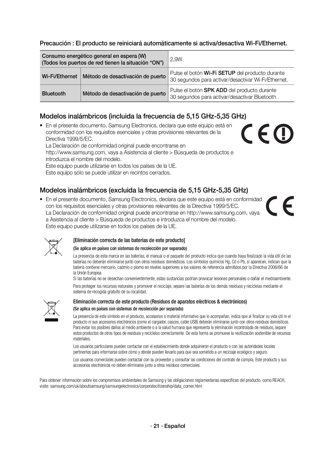 Samsung HW-J8501R/ZF manual Consumo energético general en espera W, Pulse el botón Wi-Fi Setup del producto durante 