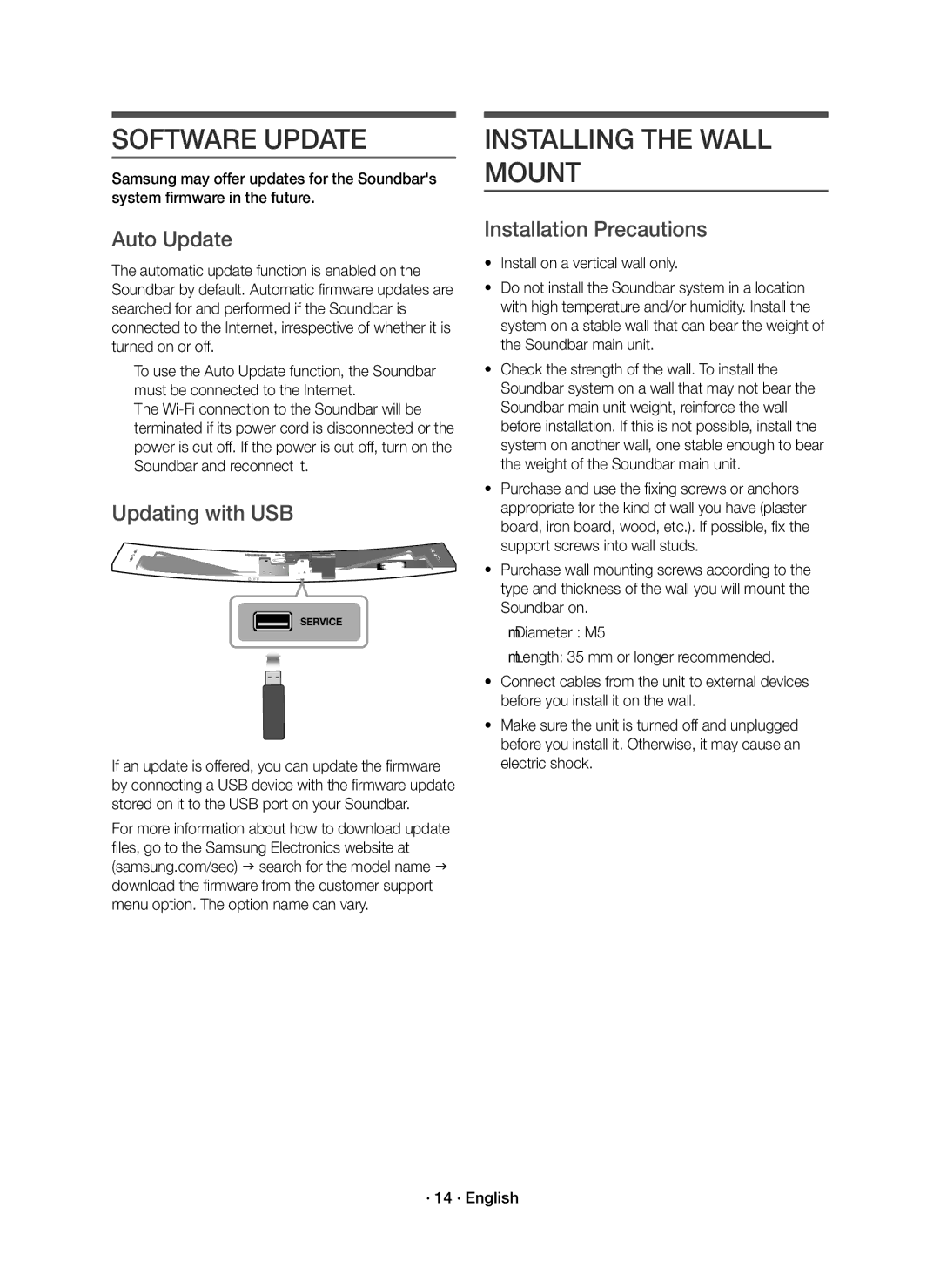 Samsung HW-J8501R/ZF Software Update, Installing the Wall Mount, Auto Update, Updating with USB, Installation Precautions 