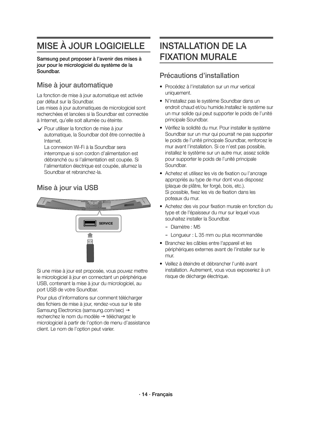 Samsung HW-J8501R/ZF Mise À Jour Logicielle, Mise à jour automatique, Mise à jour via USB, Précautions d’installation 