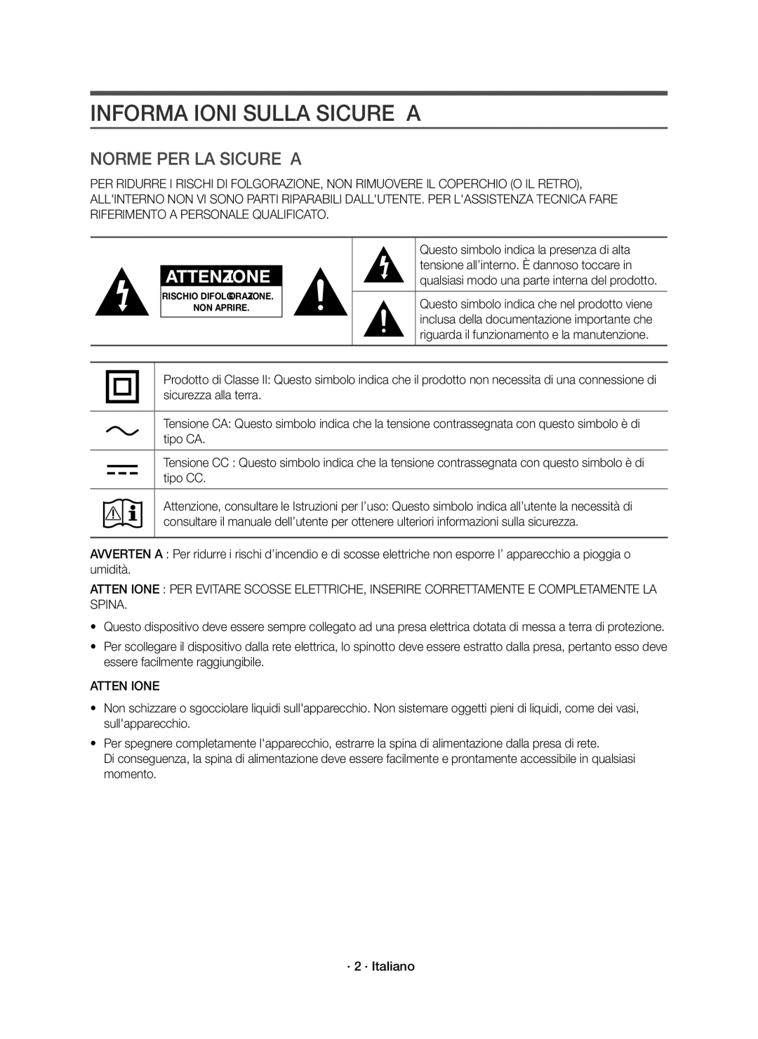 Samsung HW-J8501R/ZF manual Informazioni Sulla Sicurezza, Attenzione 