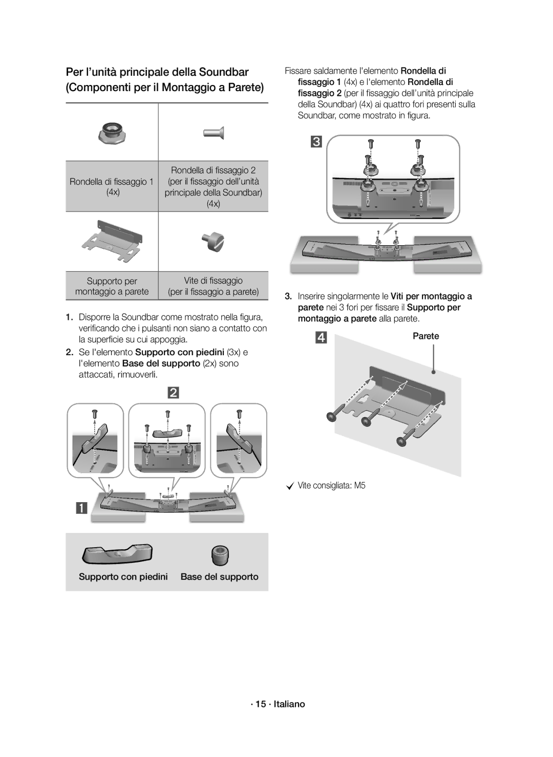 Samsung HW-J8501R/ZF manual Rondella di fissaggio, ⃞ Parete CVite consigliata M5 · 15 · Italiano 