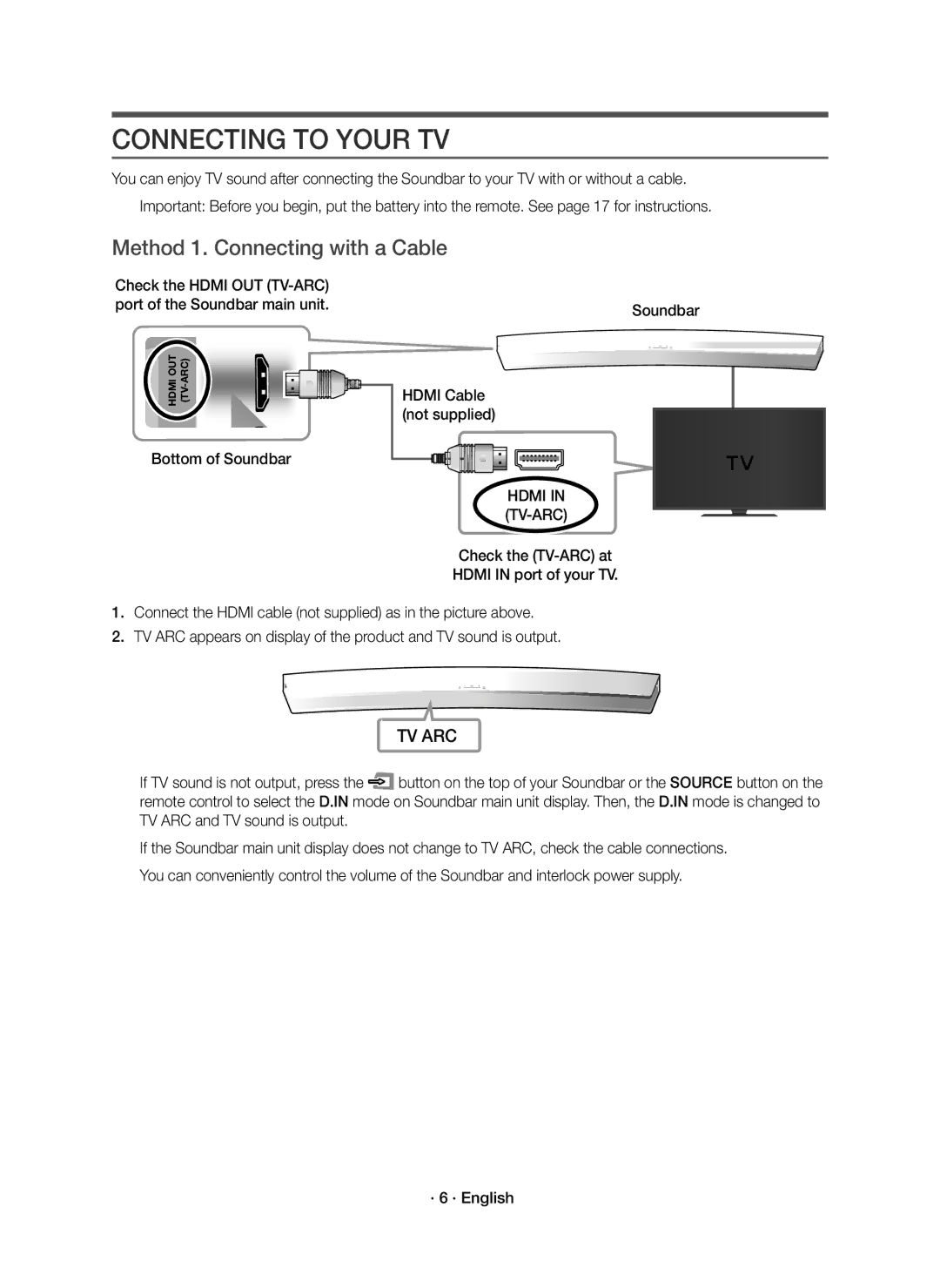 Samsung HW-J8501R/ZF manual Connecting to Your TV, Method 1. Connecting with a Cable, Soundbar, Hdmi TV-ARC 