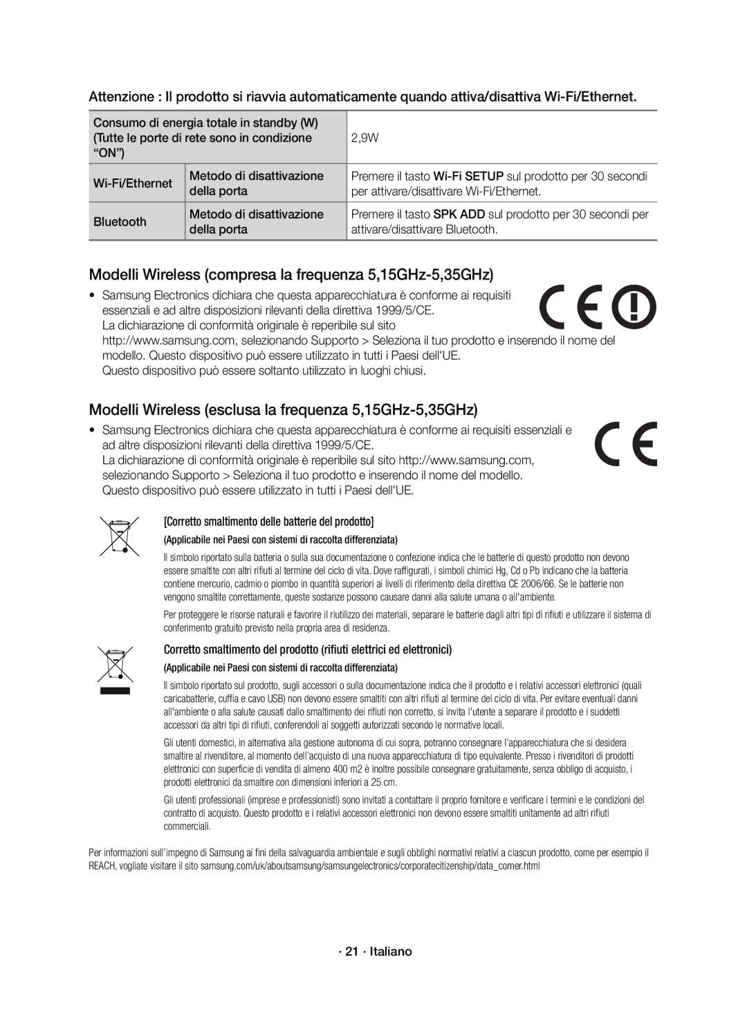 Samsung HW-J8501R/ZF manual Della porta Attivare/disattivare Bluetooth, · 21 · Italiano 