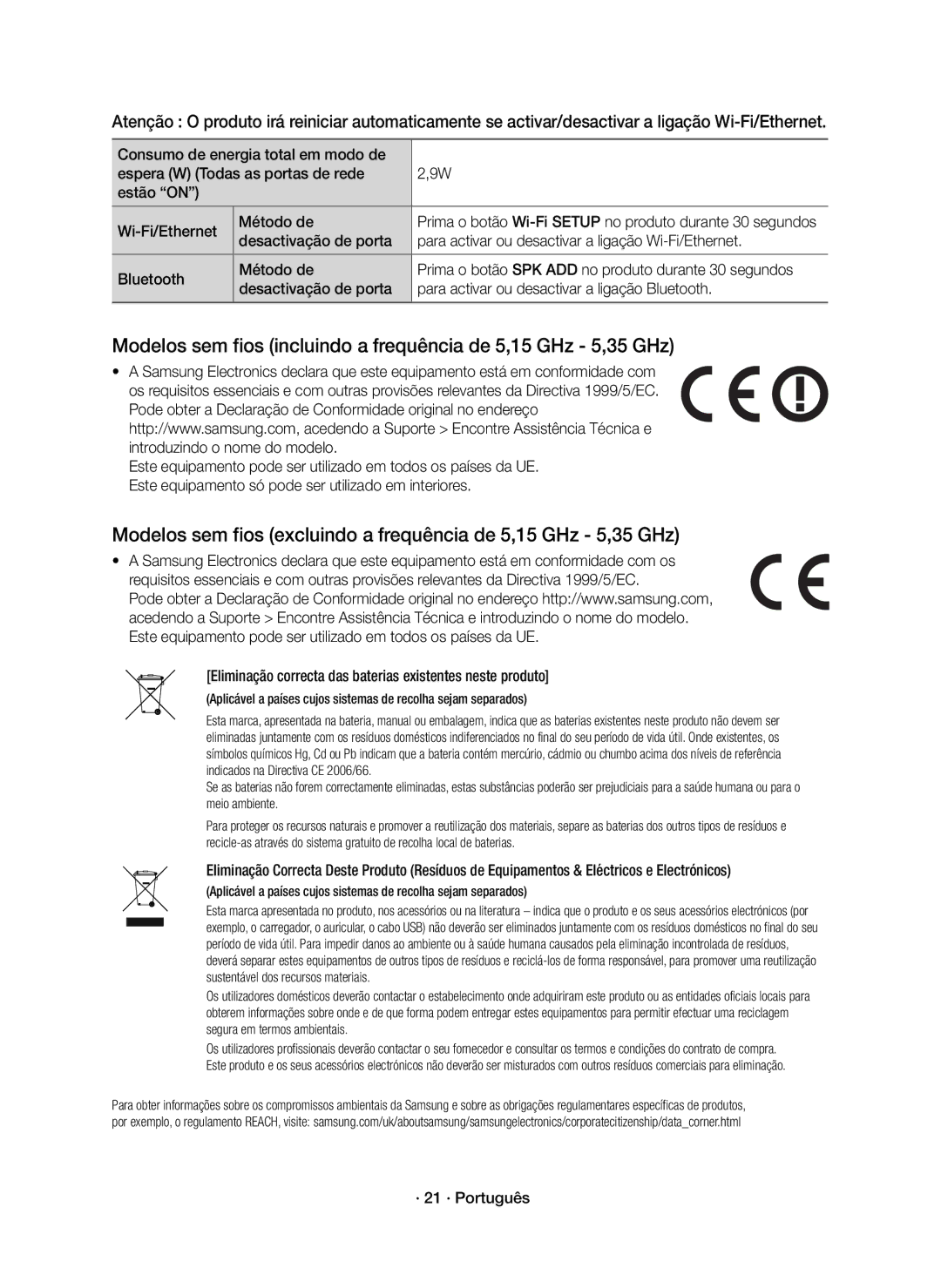 Samsung HW-J8501R/ZF manual Eliminação correcta das baterias existentes neste produto, · 21 · Português 